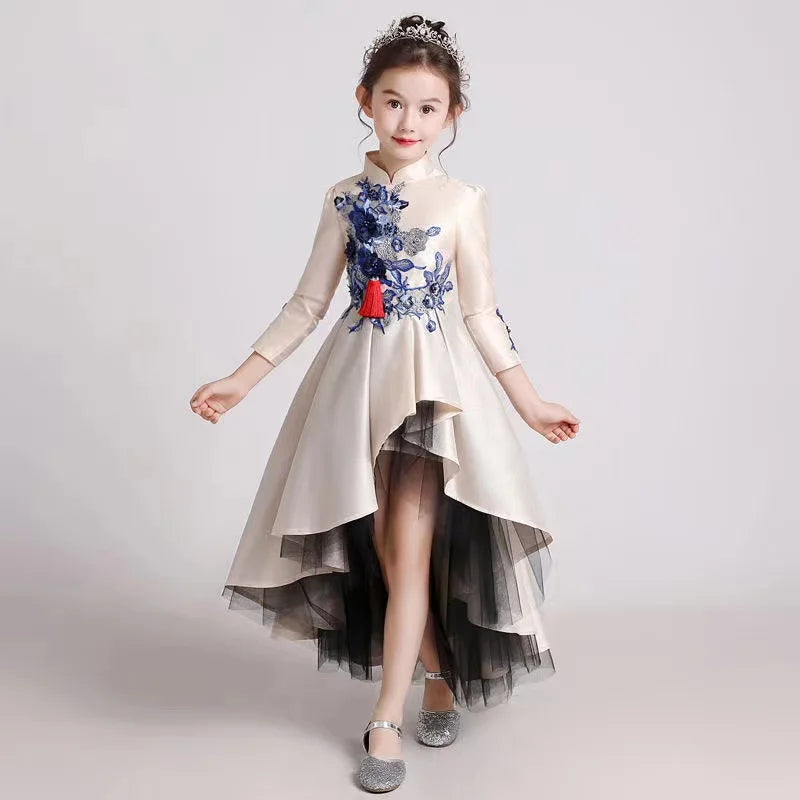Girls' Fashion Evening Dress Children's Chinese Style Host Piano Performance Costume Dress Kids' Stand up Embroidered SkirtLI852