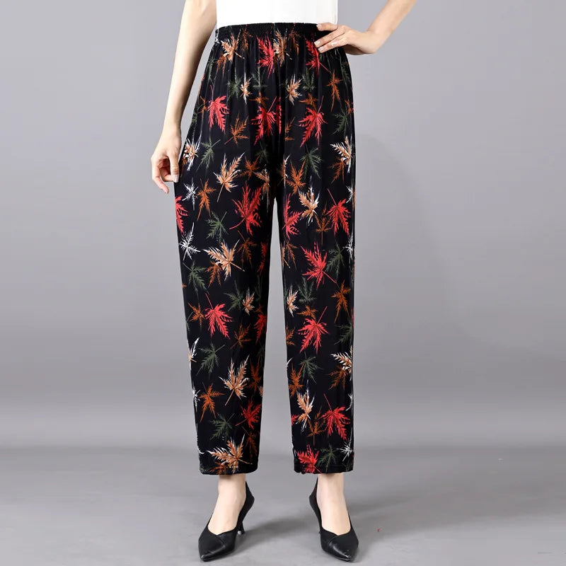 High Waist Floral Pants Straight Leg Home Leisure Women's plus Size High Elasticity Air Conditioning Pants Casual Trousers