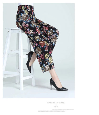 High Waist Floral Pants Straight Leg Home Leisure Women's plus Size High Elasticity Air Conditioning Pants Casual Trousers