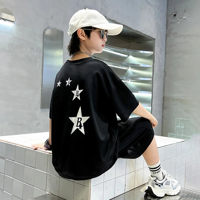 New Summer Teenager Boys Clothing Set Cotton Letter Short Sleeve T-shirt Shorts  Years Kids Tracksuits Child Cloth