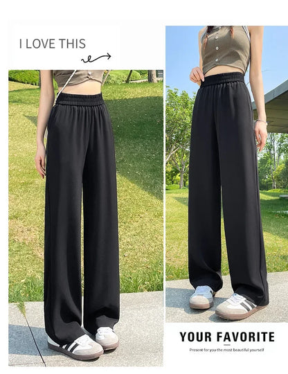 Slim Wide Leg Pants High Waist Drapey Thin Ice Silk Grey Small Size Straight Cut Women's Summer Trousers Long Pants