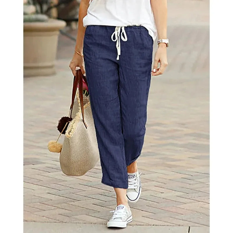 Autumn Cotton Women's Pants  Black Drawstring Elastic Waist Casual Pants Female Loose Fashion Elegant Ladies Bottom