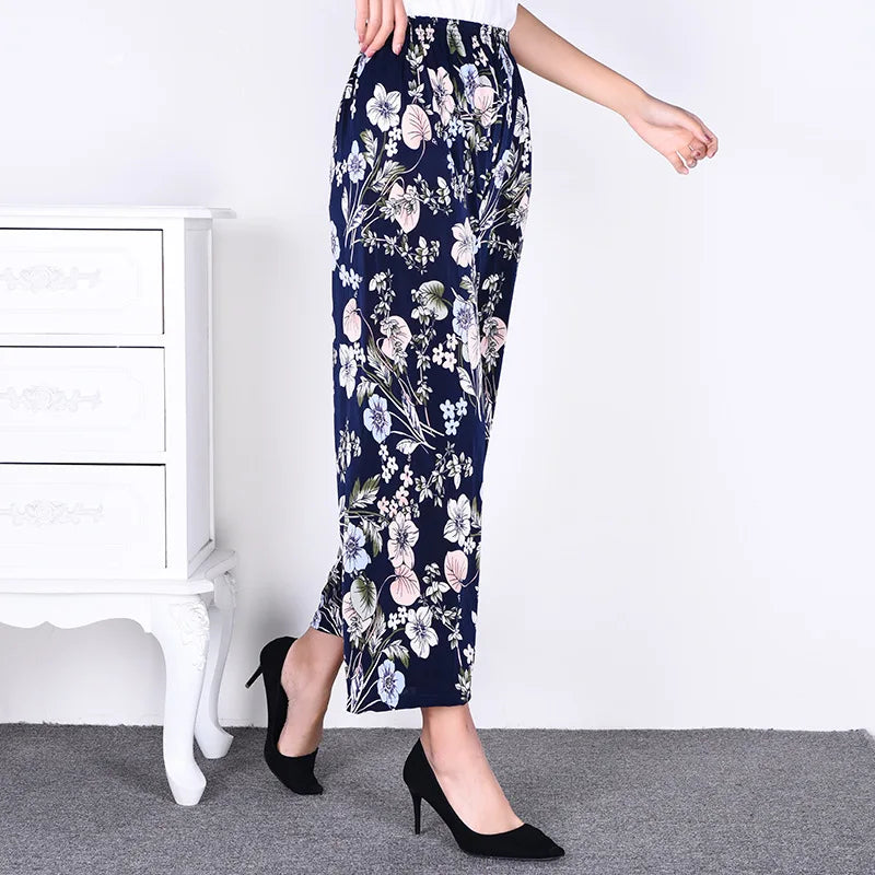 Summer Ladies Ice Silk Loose Casual Home Pants Elastic plus Size Mom Square Sports High Waist Straight Leg Length Nine Points