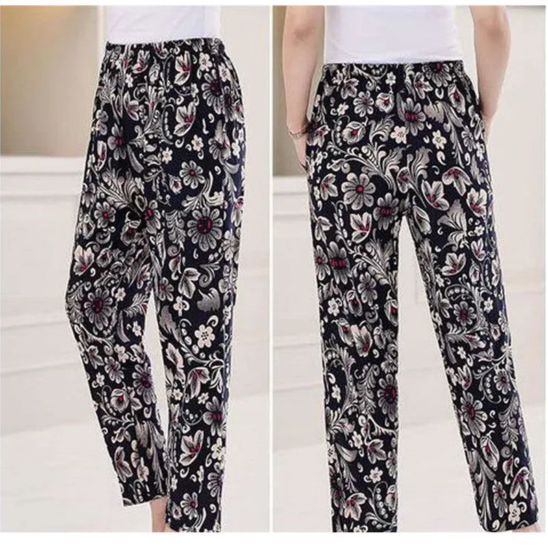 High Waist Floral Pants Straight Leg Home Leisure Women's plus Size High Elasticity Air Conditioning Pants Casual Trousers