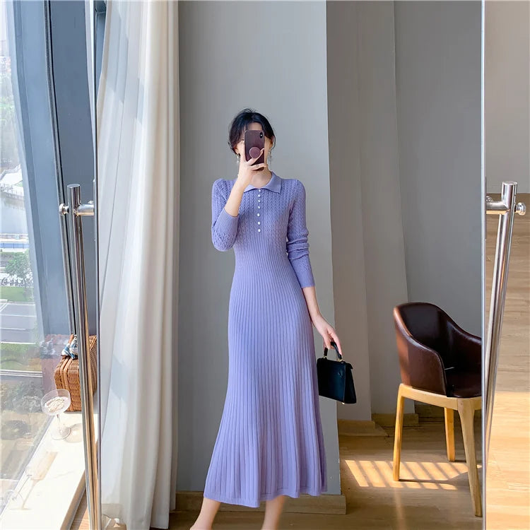 Sweater Dress Women New  Autumn Winter Purple White Or Black High Waist A Line Dress Elegant Long Knitted Dress