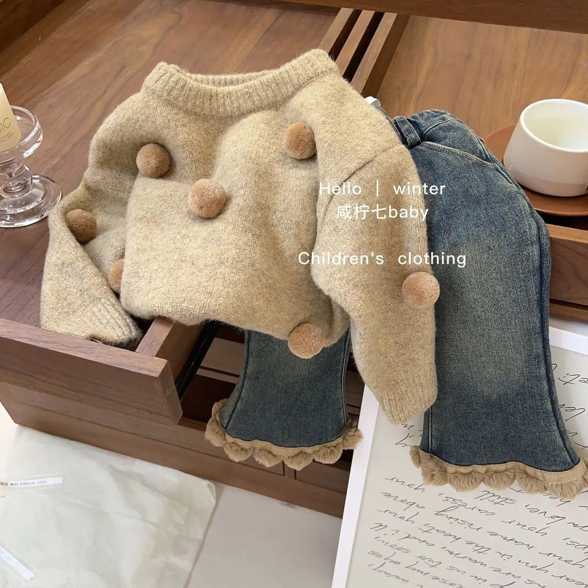 Autumn Tops's Girls Knitted Pullover Sweater Casual Simple Balloon Top Coat Winter Baby Clothing Fur Ball Design 1PCS (Available)