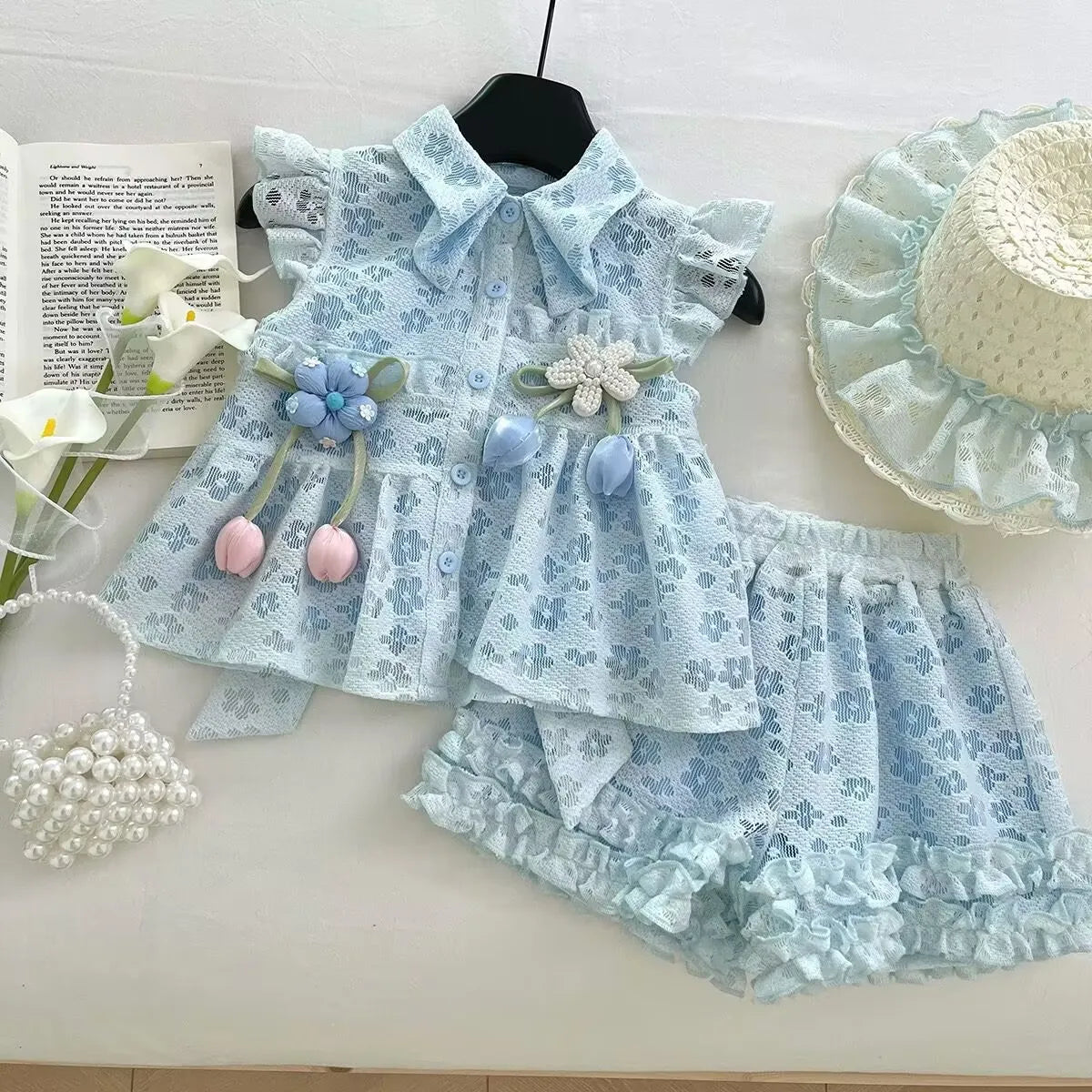Summer Girls' Suit New Lace Flower Vest Top Lace Shorts Pants Girl Baby Princess Kids Fashion Two Piece Set