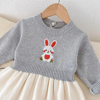2024 New Autumn Kids Princess Dresses Long Sleeved Knitted Splicing Baby Girl Knitting Party Dress Children Knitting Clothes