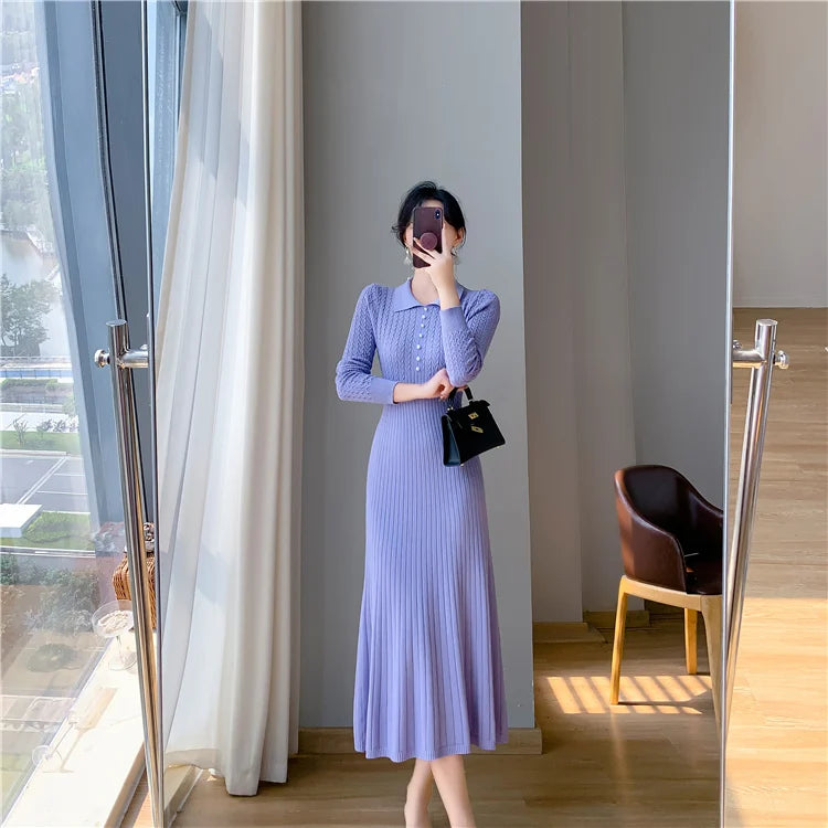Sweater Dress Women New  Autumn Winter Purple White Or Black High Waist A Line Dress Elegant Long Knitted Dress