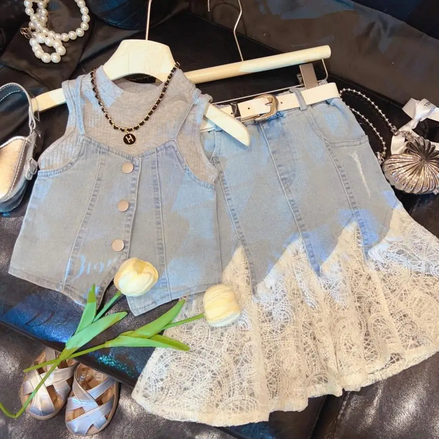 Girls' Summer Clothing Korean Version Denim Skirt New Style Children's Stylish Half Skirt Fashionable Three Piece Set