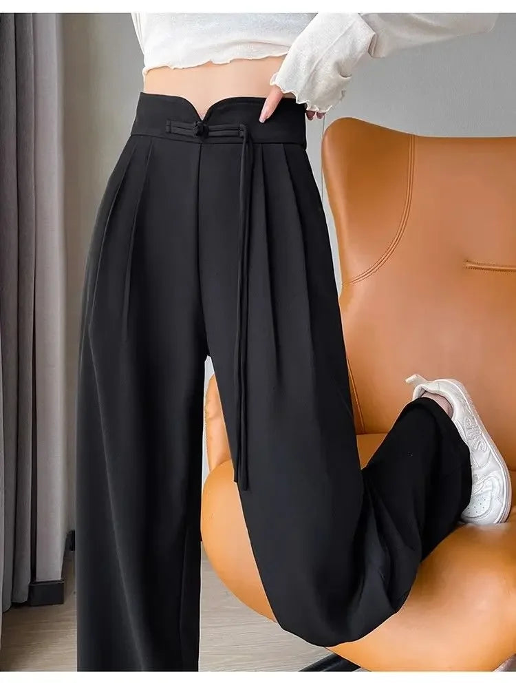 New Chinese Style High Waist Buttoned Suit Pants Women's Spring Summer Casual Wide Leg Pants Versatile Slimming Design