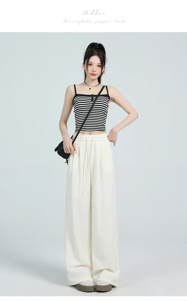 White Ice Silk Wide Leg Pants Women's Summer Thin High Waist Slimming Casual Versatile Elastic Waist Draped Straight Leg Trouser