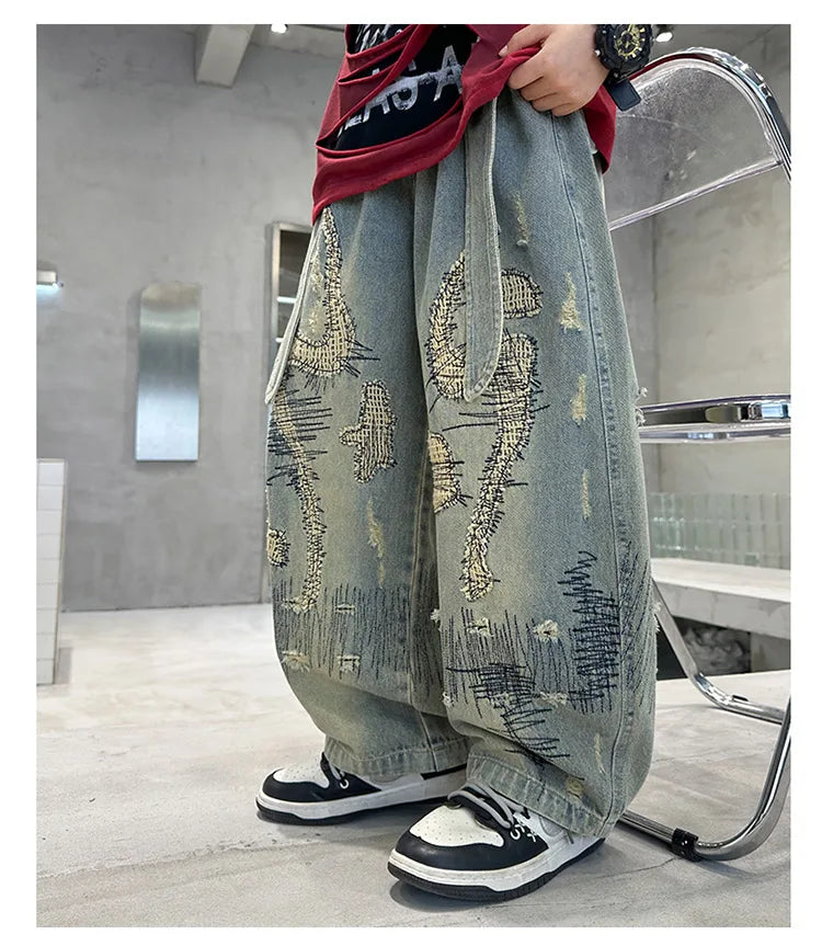 Korean Boy Luxury Hip Hop y2k Baggy Ripped Jeans Kids High Street Fashion Hiphop Rap Dance Denim Pants Child Performance Trouser