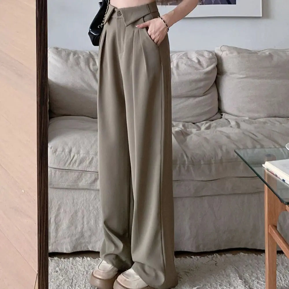 Simple Loose Straight Leg Pants Workout Trousers High Waist Casual Pants Women Drape Feeling Autumn Flip Up Suit Pants Female