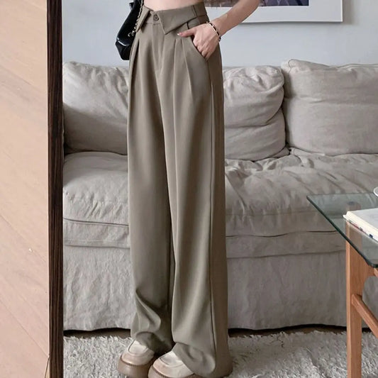 Simple Loose Straight Leg Pants Workout Trousers High Waist Casual Pants Women Drape Feeling Autumn Flip Up Suit Pants Female