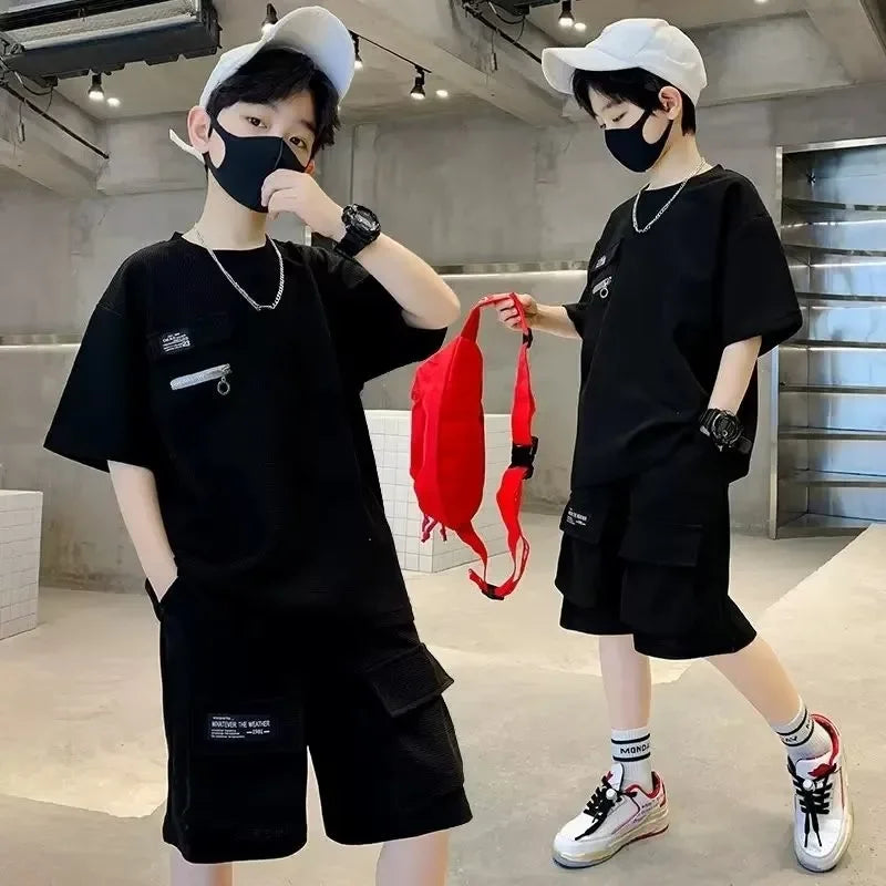 Summer Kids Boys T-Shirt+Shorts 2-Piece Set Letter Printing Children Teen Loose Comfortable Sports Casual Clothes 4-14 Years Old