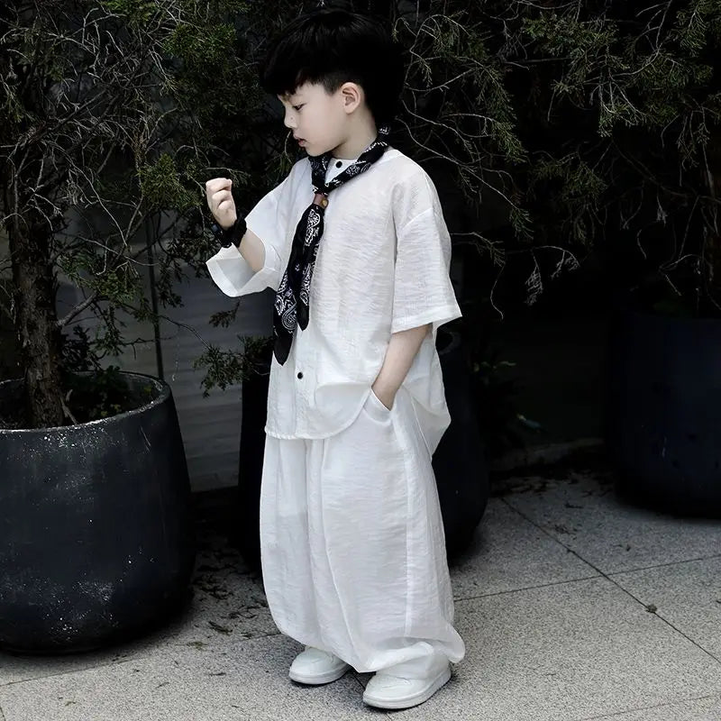 Chinese Style Teenage 2Pcs Set Ultrathin Kids Boy Spring Summer T shirt Top + Pant Casual Teen Boy Clothing Children's Costume