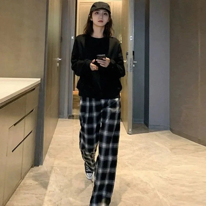 High Waist Plaid Wide Leg Pants Women Loose Straight Casual Slimming Spring Autumn New Style Chinese Brand AE Stock