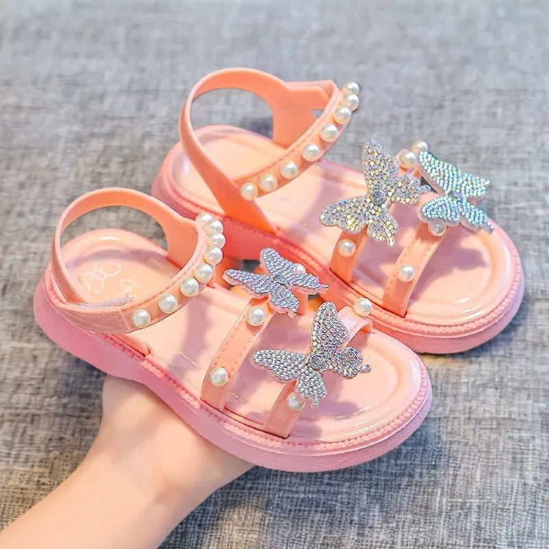 Kids' Sandals PU Leather Sequin Peep Toe Summer Outdoor Flat Shoes For Girls Breathable Anti-slip White Purple Pink