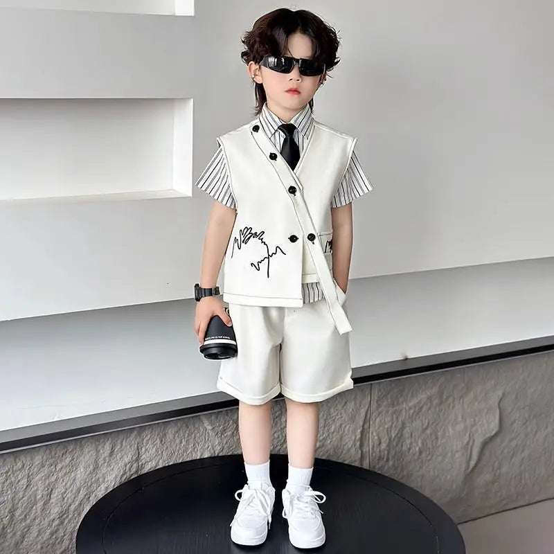 Spring Boy Retro Stripes TShirt+Pants Shorts+Vest Kid Children baby Gentleman Handsome Streetwear Party Clothes