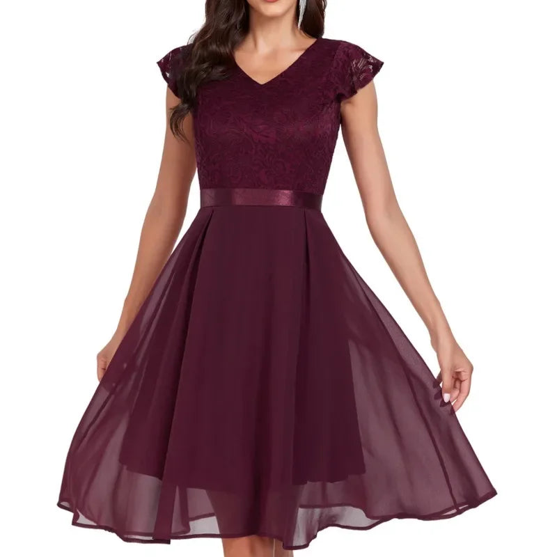 New Women'S Party Dresses Short Sleeve Lace Mid Length Dresses Soild Formal Evening Dress Fine Woman Summer Elegant Dress