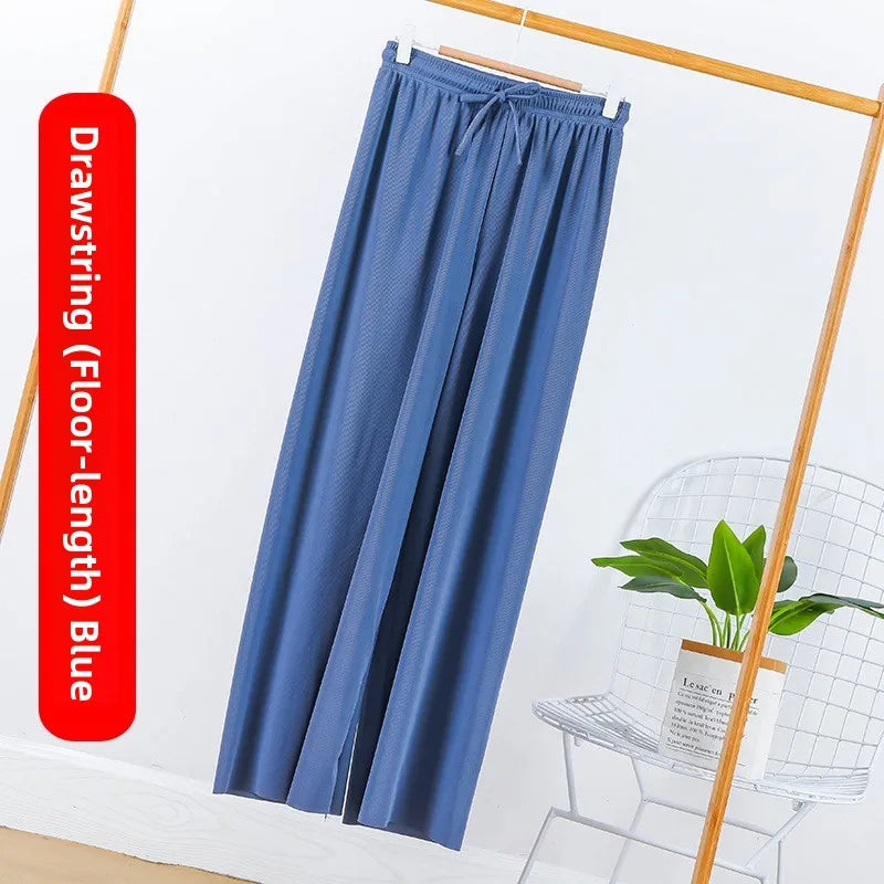 Ice Silk Wide Leg Pants Women's Summer  New High Waist Drape Loose Slimming Straight Bla Floor-Length Casual Trousers