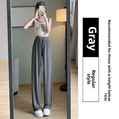 Ice Silk Wide Leg Pants Women's Summer Thin Narrow Version 145 Small Size Drape Straight High Waist Stripe Casual Trousers 150
