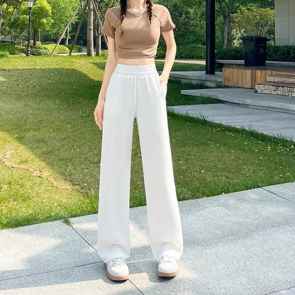 Slim Wide Leg Pants High Waist Drapey Thin Ice Silk Grey Small Size Straight Cut Women's Summer Trousers Long Pants