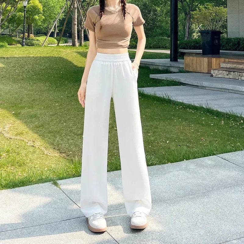 Slim Wide Leg Pants High Waist Drapey Thin Ice Silk Grey Small Size Straight Cut Women's Summer Trousers Long Pants