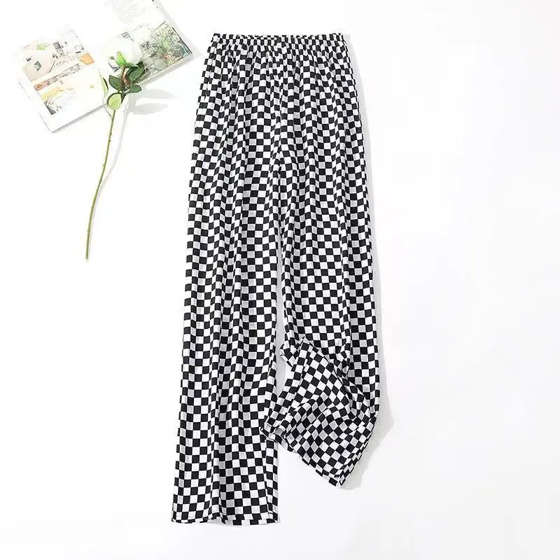 Summer Ladies Ice Silk Loose Casual Home Pants Elastic plus Size Mom Square Sports High Waist Straight Leg Length Nine Points