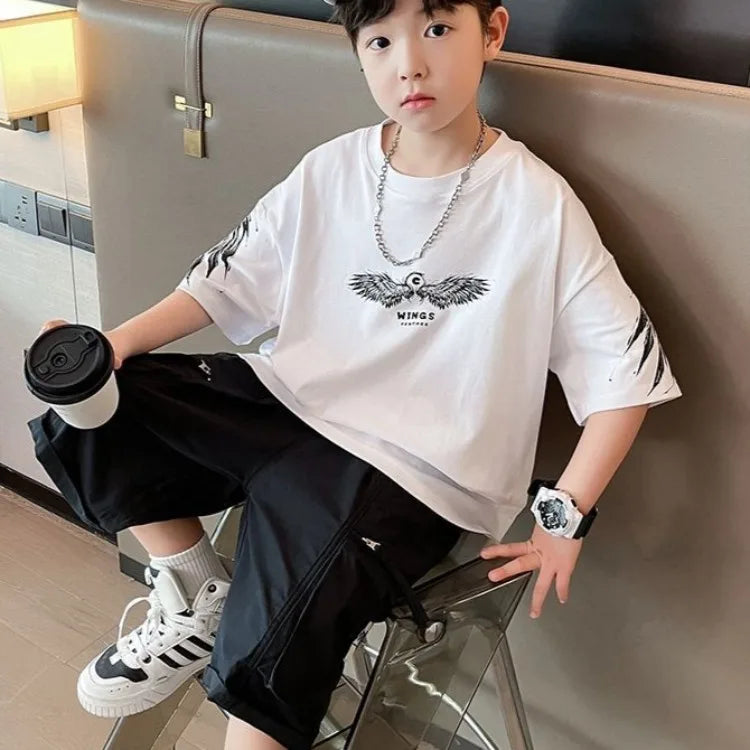 Summer Kids Wing T-Shirt Cotton Loose Stylish Boy's Shirt Big Kids Summerwear
