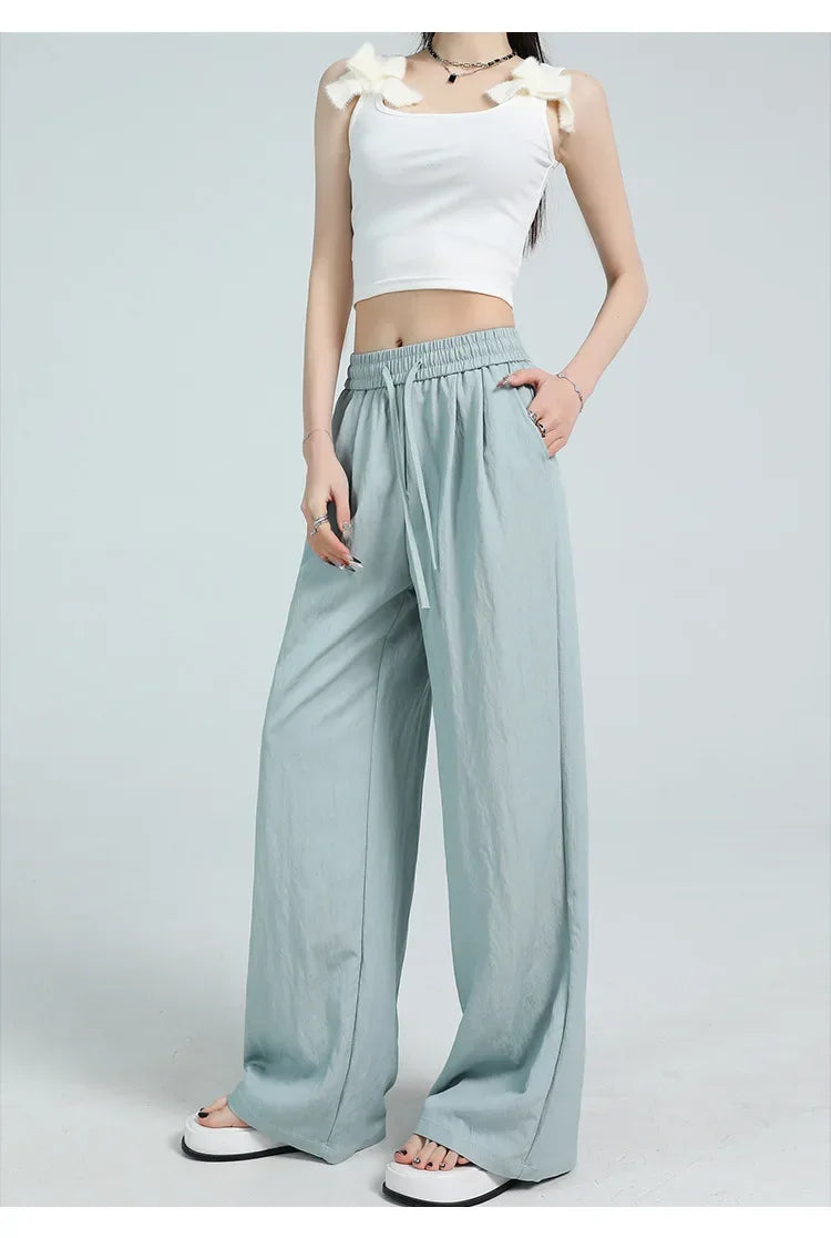 White Ice Silk Wide Leg Pants Women's Summer Thin High Waist Slimming Casual Versatile Elastic Waist Draped Straight Leg Trouser