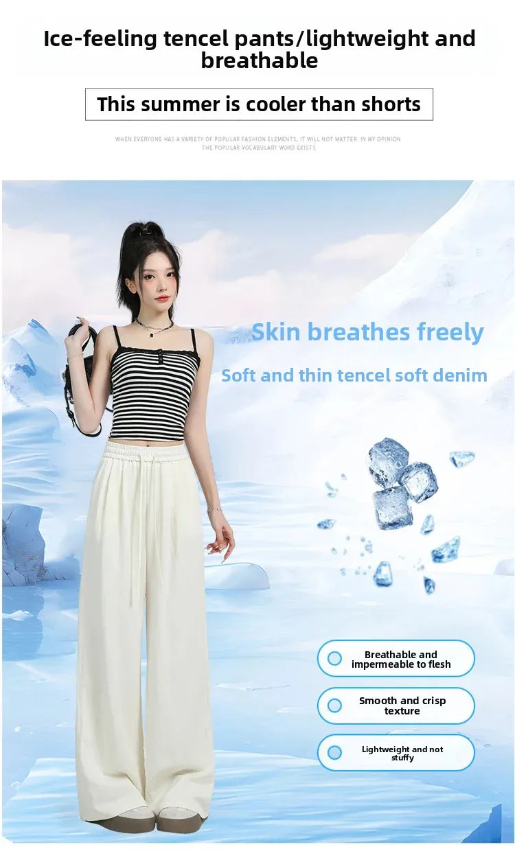 White Ice Silk Wide Leg Pants Women's Summer Thin High Waist Slimming Casual Versatile Elastic Waist Draped Straight Leg Trouser