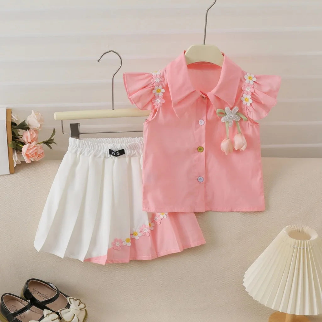 Bear Leader Summer Sweet and Cute Girl's Suit Pink 3D Decal Top+Decal Pleated Skirt 2Pcs Set Korean Fashion Children's Clothing