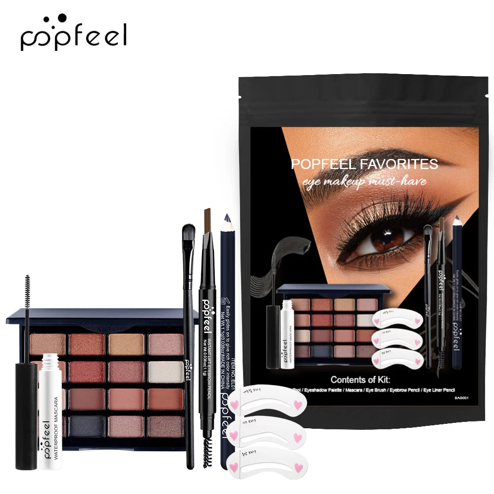 POPFEEL 6-Piece Eye Makeup Set-with 16 Color Eyeshadow Palette, Mascara, Eyebrow Pencil, Eyeliner, Brush,and Eyebrow Stencils .