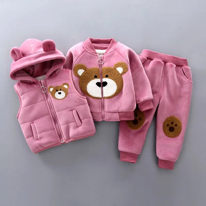 3Pcs Boys Suit Autumn And Winter Baby Girl Clothes Fleece Thickened Keep Warm Sets For Children Cute Bear Embroidery Clothing