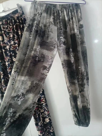 Summer Ladies Ice Silk Loose Casual Home Pants Elastic plus Size Mom Square Sports High Waist Straight Leg Length Nine Points