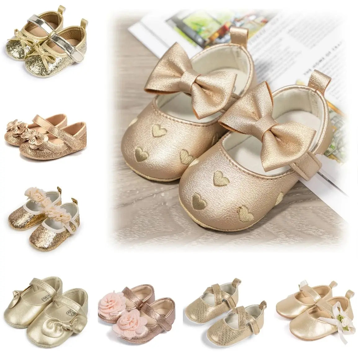 Gold Tie Cute Bow Flower Baby Princess Shoes Wedding Birthday Party Non-Slip Soft Sole Baby Toddler Shoes