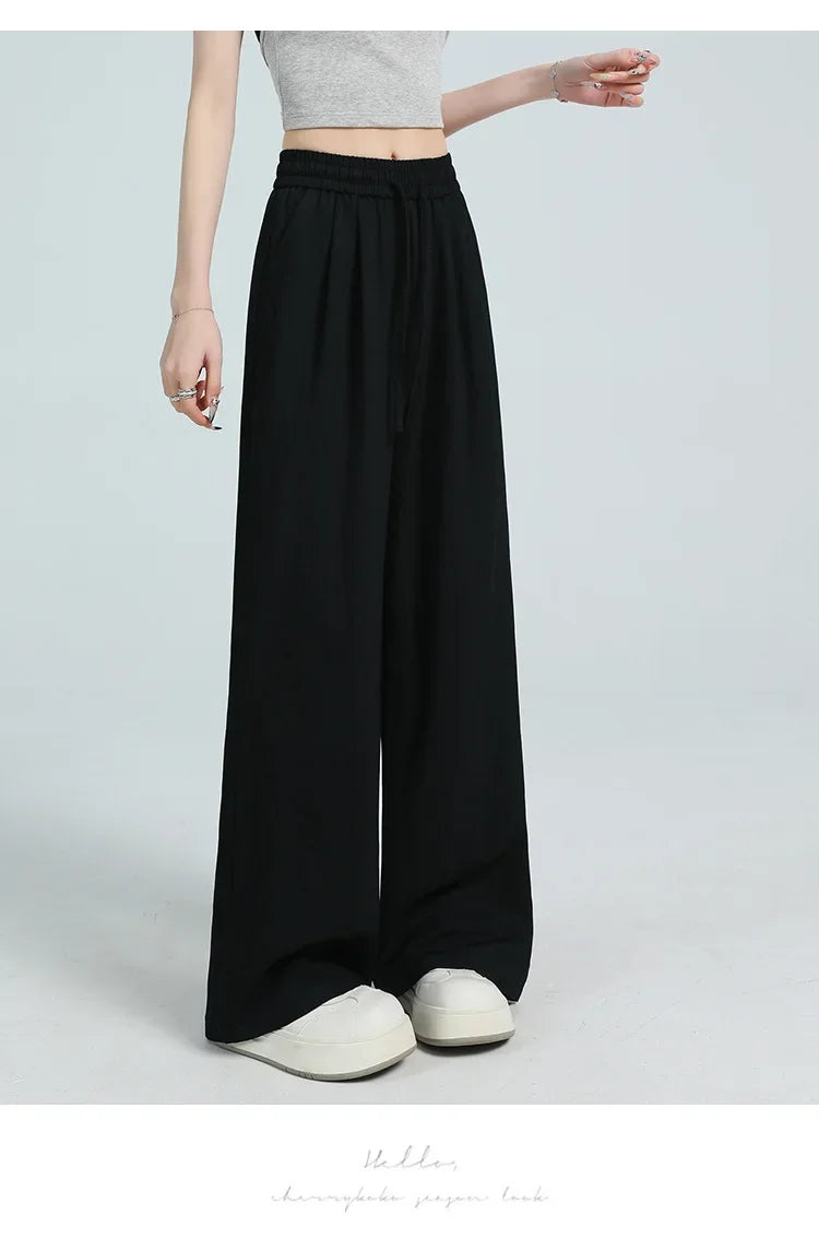 White Ice Silk Wide Leg Pants Women's Summer Thin High Waist Slimming Casual Versatile Elastic Waist Draped Straight Leg Trouser