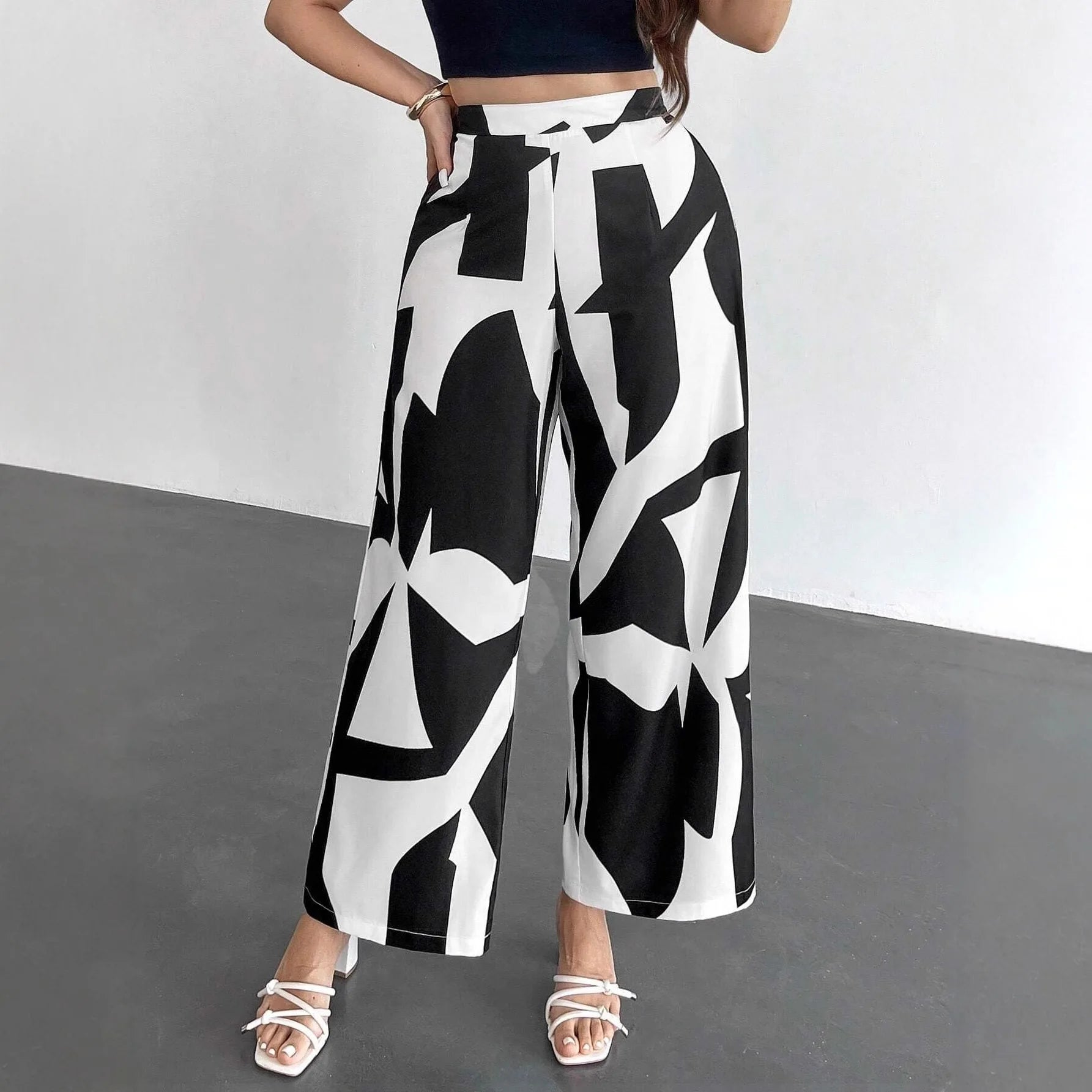 New Pantalones De Las Mujeres Spodnie Beach Geometric Print Vacation Loose Wide Leg Pants Women High Waist Casual Straight Pants