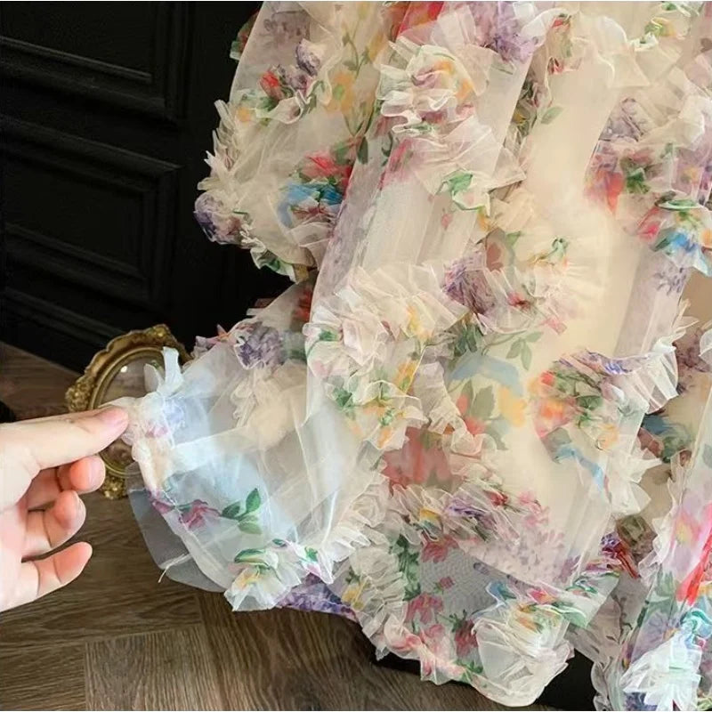 New Baby Girls floral print Fall Mesh Long Sleeve Dress Princess Kids Sweet Party Dresses