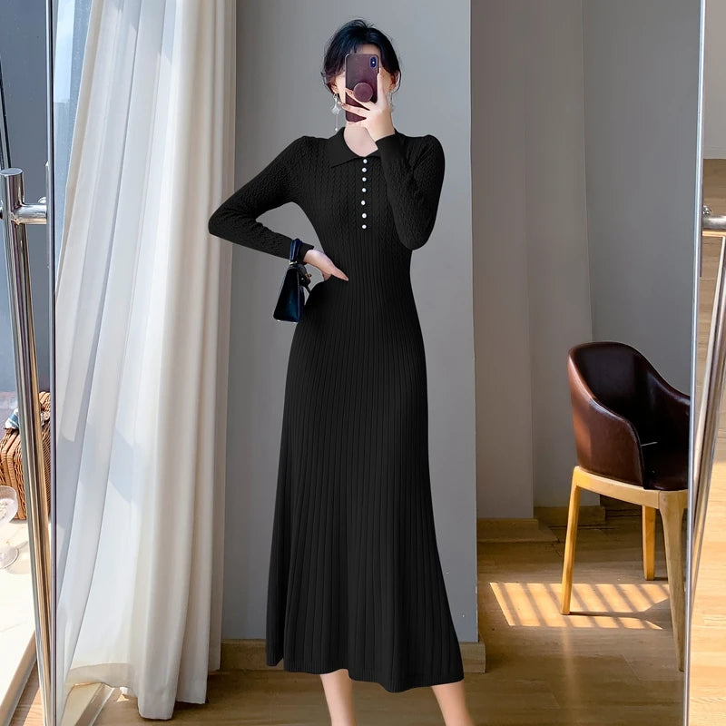 Sweater Dress Women New  Autumn Winter Purple White Or Black High Waist A Line Dress Elegant Long Knitted Dress
