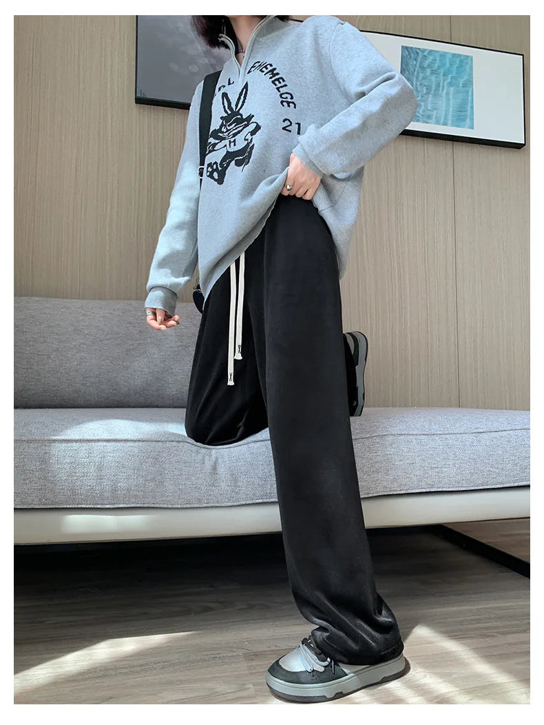 Women Wide Leg Corduroy Pants Autumn Winter Women Basic Elastic Waist Stright Long Pants Casual Female Long Pants Trousers