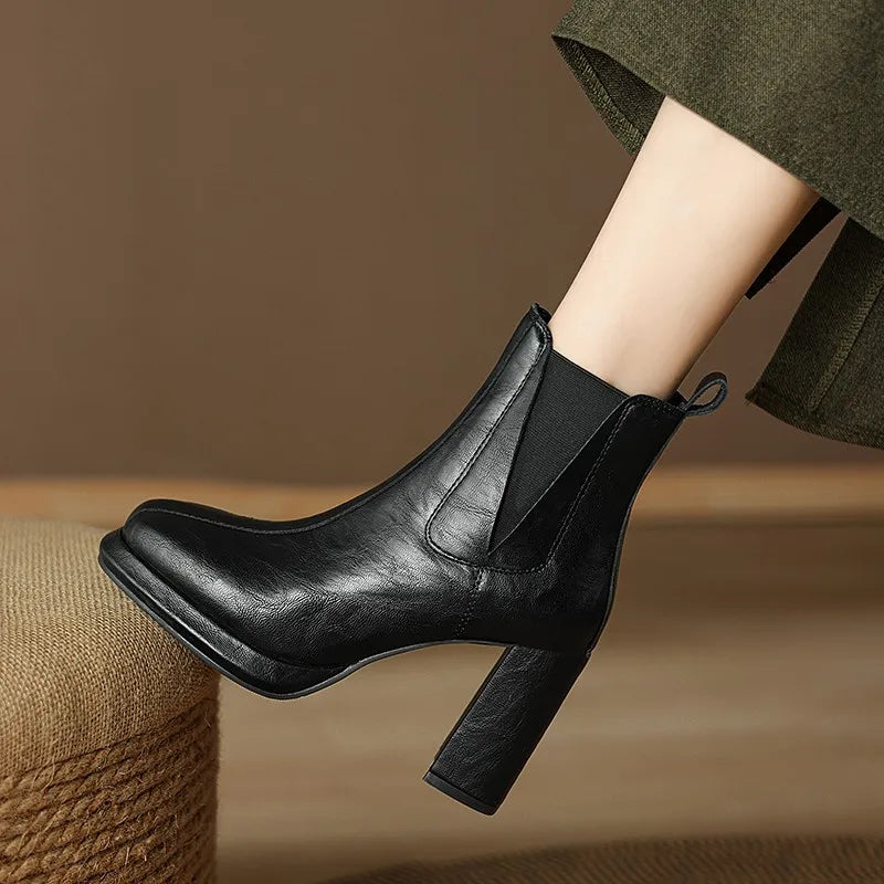 Autumn/Winter Women Boots Round Toe High Heel Shoes for Women Leather Boots Women Handemade Shoes Ankle Boots Ladies Shoes