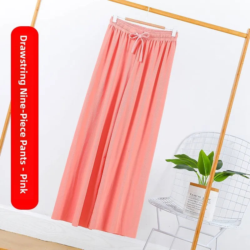 Ice Silk Wide Leg Pants Women's Summer  New High Waist Drape Loose Slimming Straight Bla Floor-Length Casual Trousers