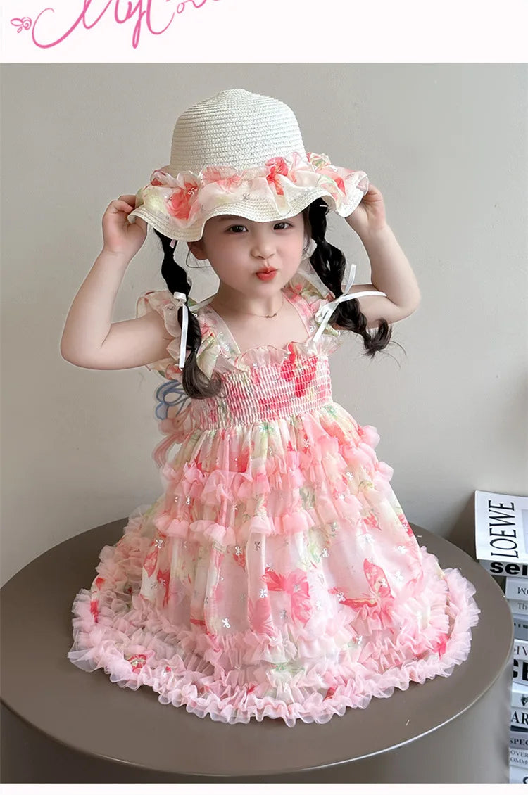 Girl Summer Mesh Dress Doll Baby  Kids Back Butterfly Flower Suspender Princess Dress Fashion Casual