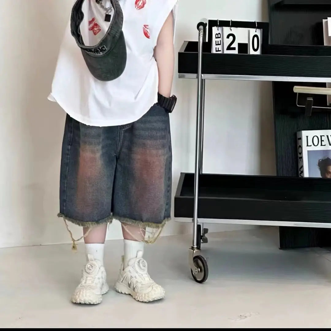 New Korean Fashion Set Design Sense Street Printed Vest Shirt Broken Edge Short Jeans Two-piece Suits