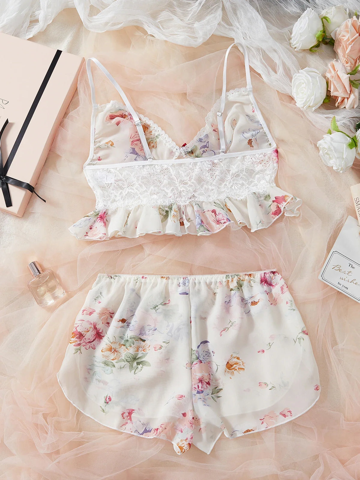 Plus Size Floral Lingerie Set - Chiffon Camisole with Lace Trim, Ruffled Shorts, Romantic Flower Print, Soft & Breathable. sexy