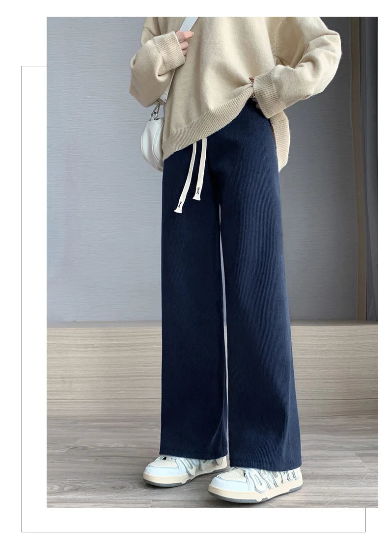 Women Wide Leg Corduroy Pants Autumn Winter Women Basic Elastic Waist Stright Long Pants Casual Female Long Pants Trousers
