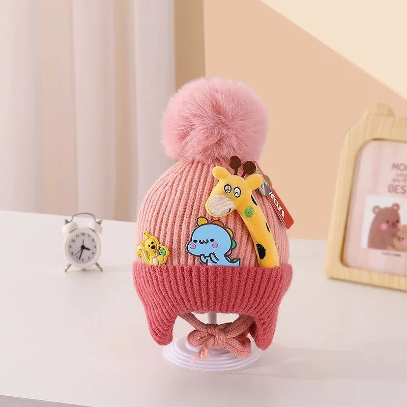 Cartoon Giraffe Baby Knitted Hat Thickened Lining Wool Hat Warm Winter Hat with Ear Protection Cold Resistant Baby Headwear
